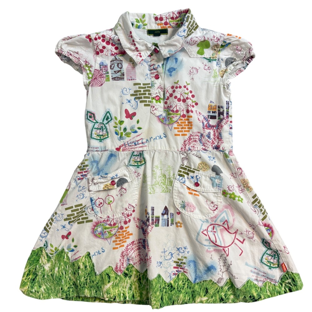 Oilily Girls Doodle Print Dress White Multi Color Cherry Garden Scallop Size 7-8